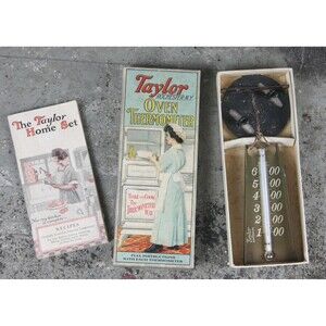 Complete Taylor Oven Thermometer Home Set, original box, booklet, thermometer